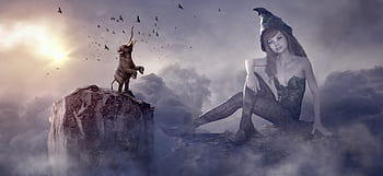 fantasy, elephant, fee, clouds, light, rock, birds, peaceful, happy, girl, mystical