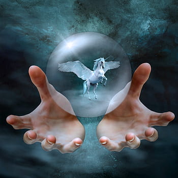 white, pegasus, inside, clear, crystal ball, cd cover, fantasy, hands, bubble, ball, wing
