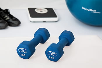 dois, 2 kg, kg., halteres de vinil, branco, superfície, kg, azul, TC, halteres, fisioterapia