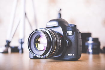 大きな、 デジタル一眼レフカメラ、 機器、 カメラ、 デスク、 デジタル一眼レフ、 レンズ、 写真家、 写真、 スタジオ、 仕事