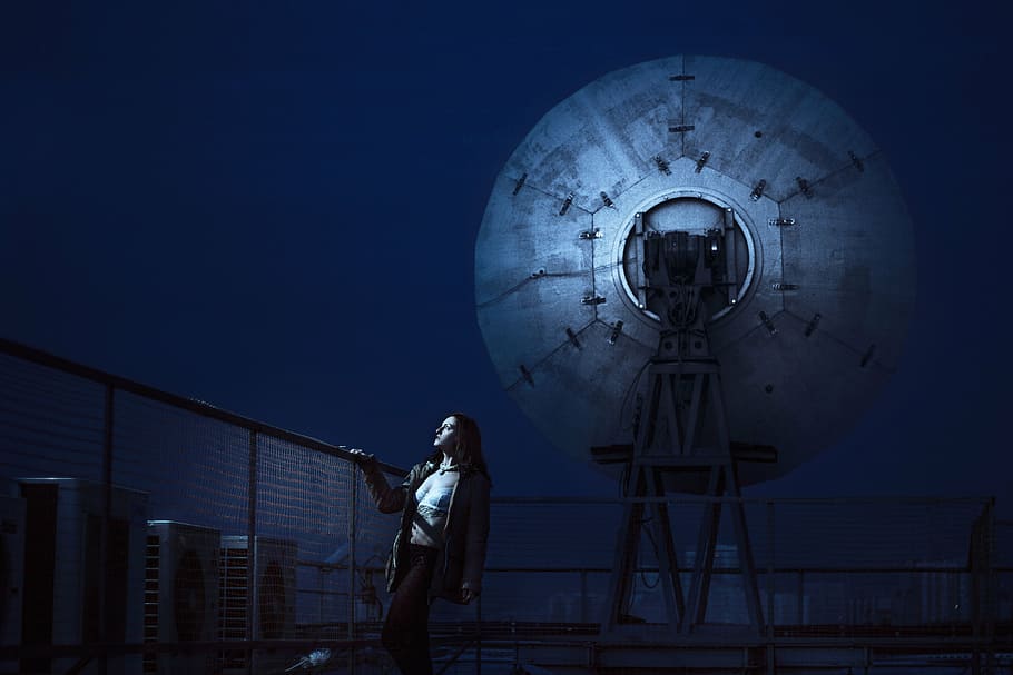 woman, wears, gray, coat, satellite dish, girl, satellite dishes, antennas, night, lattice, technology