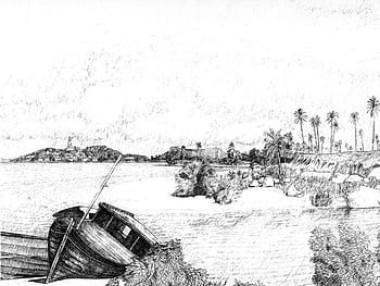 zwart, inkt, verlaten, boot, zwarte inkt, tekening, foto's, landschap, publiek domein, schepen, bomen