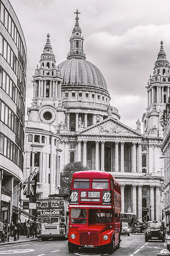 selective-color, red, double, decker bus, london, bus, st paul's, st paul's cathedral, double decker bus, traffic, double decker