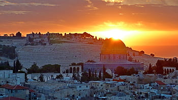 panoramatický, svítání, Jeruzalém, Svatá země, mešita, horu oliv, Izrael, Palestina, ráno, východní, slunce