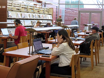 woman, white, jacket, black, pants, sitting, brown, wooden, chair, library, study