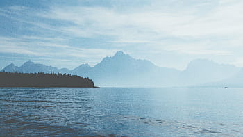 fog covered mountain, body, water, across, mountain, day, time, sea, ocean, boat, sailing