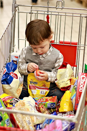 cart with products, sweets, baby, purchase, shop, supermarket, shopping center, brands, chocolate, candy, sweet
