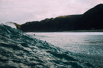sea, ocean, water, waves, nature, mountain, landscape, dark, clouds, sky