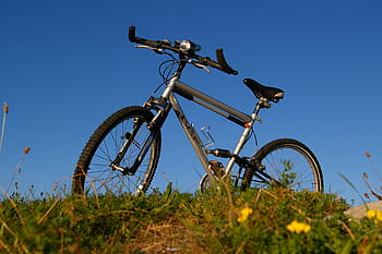 grijs, hardtail fiets, groen, grasveld, fiets, fietstocht, wielersport, Mountain bike, tour, weg, vrije tijd