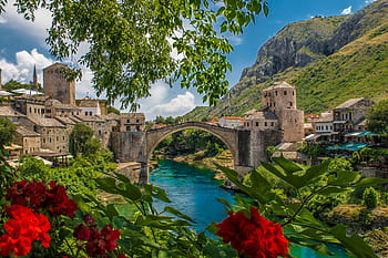 bosnia, balkan, mostar, travel, europe, balkans, bridge, flowers, river, unesco, architecture