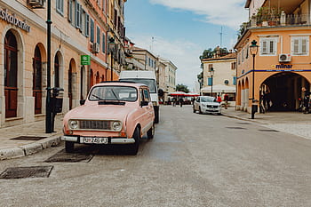 4, antigo, vintage, clássico, Europa, rua, cidade, carro, Rosa, Renault, Rovinj