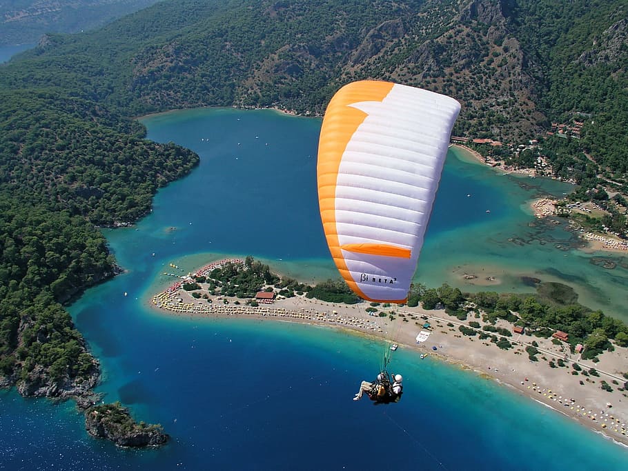 person, parachute, body, water, paragliding, sky, air, paraglider, dom, adventure, extreme