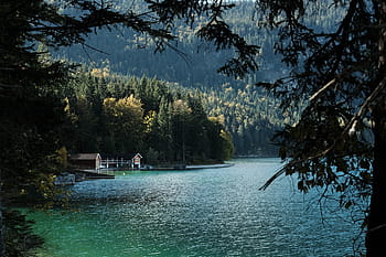pohled na jezero, hnědý, Dům, les, tělo, voda, jezero, modrý, Příroda, hora, krajina