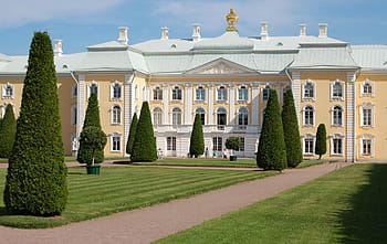 white, beige, concrete, building, surrounded, trees, daytime, peterhof palace, antiques, architecture, art