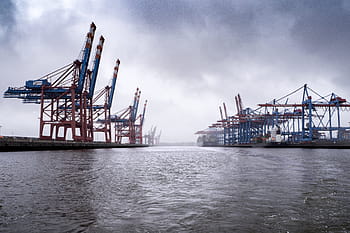 architektonický, fotografování, budov, přístav, terminál, jeřáby, kontejnerový terminál, Hamburg, kontejnerová platforma, manipulace s kontejnerem, přístavní jeřáby