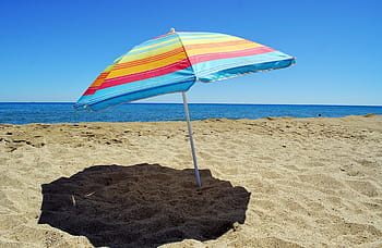 blue, red, yellow, striped, beach umbrella, daytime, Beach, Parasol, Sand, Holiday, Sea