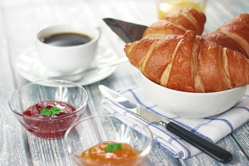 baked, breads, bowl, two, bowls, dipping, sauce, croissant, white, ceramic, croissants