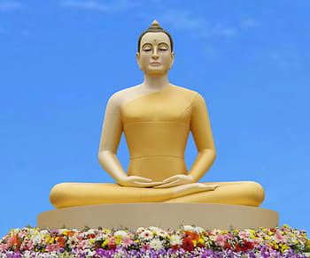 ディアナムードラ像、 囲まれた、 フラワーズ、 仏、 ヨガ、 瞑想する、 仏教徒、 食べる、 Phra Dhammakaya、 タイ、 ゴールド