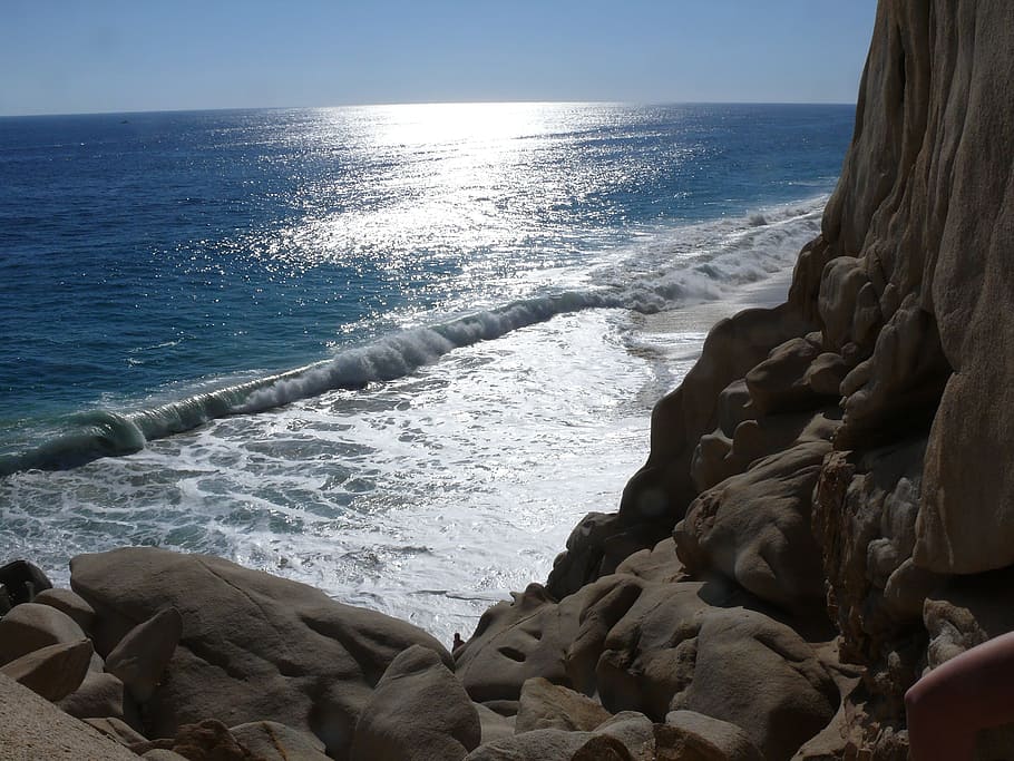 beach and sunset, Mexico, Cabo San Lucas, Ocean, Rocks, water, the sun, the addition of, sea, horizon over water, wave