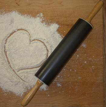 black, brown, rolling, pin, flour, rolling pin, bake, heart, shape, preparation, homemade