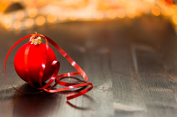 Červené, vánoční koule, stuha, dekorace, ornament, Vánoce, bokeh