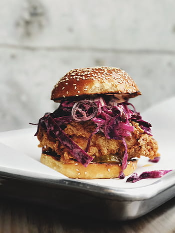 burger, onion, fried, meat, chicken, purple, cabbage, patty, top, gray, steel