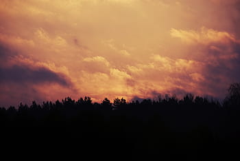 sunset, mountain, silhouette, trees, sunrise, sky, clouds, morning, nature, tree, dramatic sky