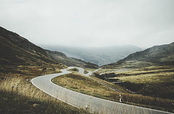 rural, road, countryside, winding, grass, field, mountains, hills, landscape, nature, sky