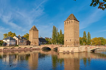two, brown, brick buildings, body, water, alsace, strasbourg, henry tower, pont envelopes, canon bastion, weir