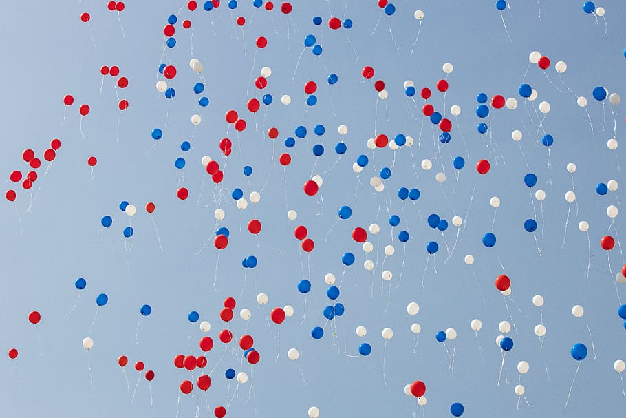 sky, balloons, white, blue, red, ball, balls, flight