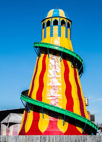 Helterskelter, Fun Fair, Ride, Yellow, red, green, amusement, fun, leisure, park, slide