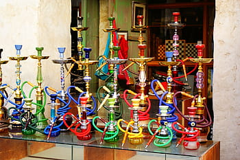 assorted-color hookahs, shisha, hubly bubbly, hookah, sheesha, waterpipe, tobacco, smoke, market