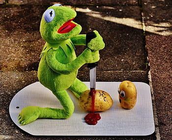 brambory, nůž, kečup, krev, vražda, legrační, kermit, žába, roztomilý, zábava, zelená
