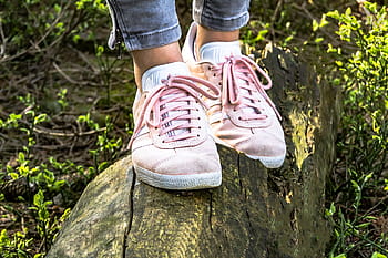 person, wearing, pair, pink, low-top sneakers, shoes, girls shoes, sneaker, suede, sneakers, sports shoes