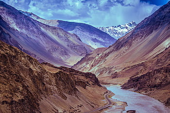 hnědý, kaňon, řeka, hory, leh, ladakh, Indie, kašmír, nebe, krajina, jammu