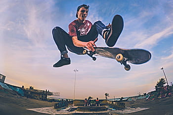 muž skateboardingu, skákání, vzduch, výstřel, muž, ve vzduchu, lidé, vejít se, zdatnost, zdraví, zdravý