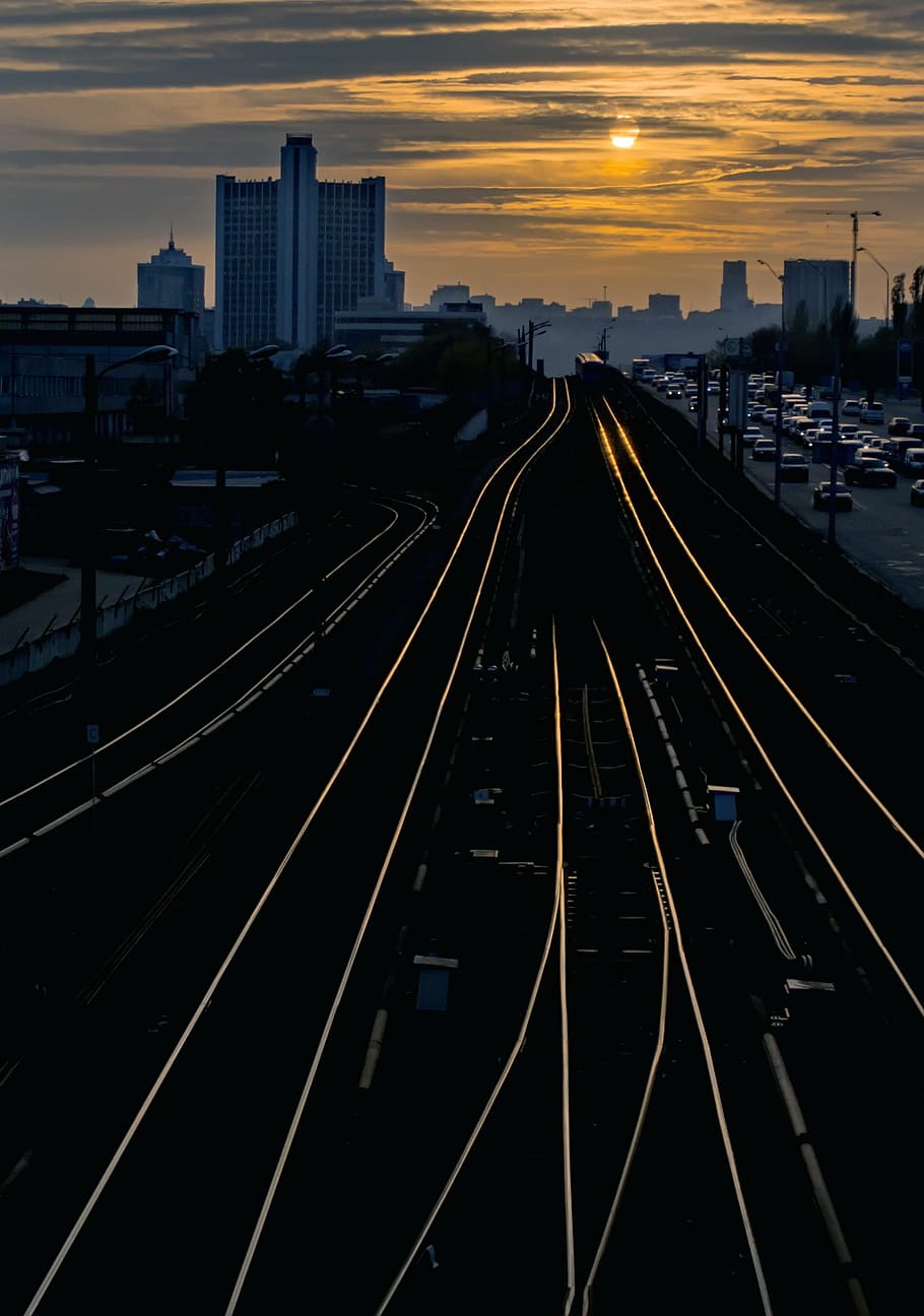 kiev, město, západ slunce, železnic