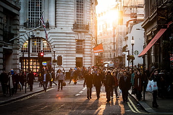 england, europe, town, city, road, street, people, pedestrians, walking, flag, stores