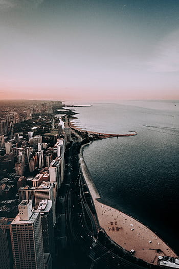 letecký, Pohled, město, vedle, tělo, voda, fotografování, moře, oceán, pláž, pobřeží