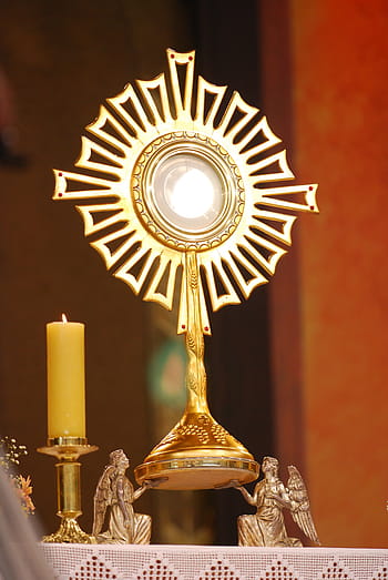 zlatá figurka, eucharistie, monstrance, hostia, společenství, svíčka, elektrická lampa, dekorace, náboženství, duchovno, kostel