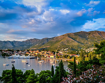 landscape photography, mountain, city buildings, village, town, port, harbor, harbour, haven, house, building