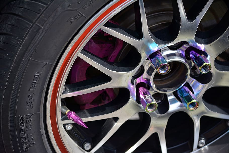 alloy wheel, bolts, wheel, chrome, tyre, design, alloy, rim, style, colorful, violet