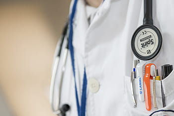 roztříděný, barevné pero, kapsa na košili, doktor, lékařský, medicína, zdraví, stetoskop, zdravotní péče, zdravý, nemocnice
