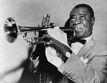 man, playing, trumpet grayscale photo, jazz, musician, trumpet, trumpeter, louis arm strong, portrait, black and white, 1953