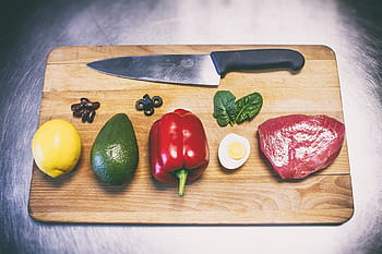 Červené, paprika, drsný, maso, ovoce, Černá, zpracovány, nůž, sekání, prkno, citrón