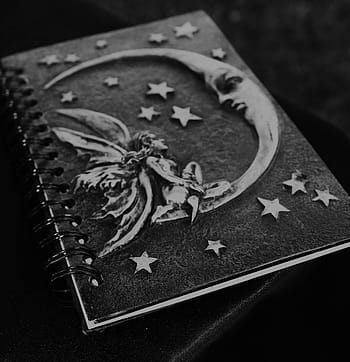 Černá, šedá, notebook, reliéfní, srpek měsíce, víla, design, ve stupních šedi, fotografování, pohanský, čarodějnice