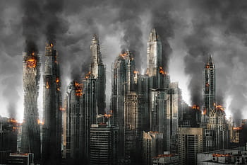 burned high-rise buildings, armageddon, disaster, destruction, war, abandoned, damage, architecture, apocalypse, devastation, destroyed