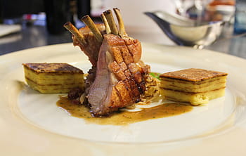 grilled, meat, white, ceramic, plate, suckling pig, gourmet, menu, eat, restaurant, main course