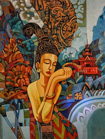 arte, donna, tradizionale, Myanmar, birmano, pittura, femmina, signora, manifesto