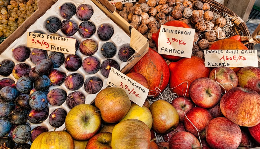 bunch, red, yellow, apples, fruit, france, market, figs, alsace, walnuts, nuts